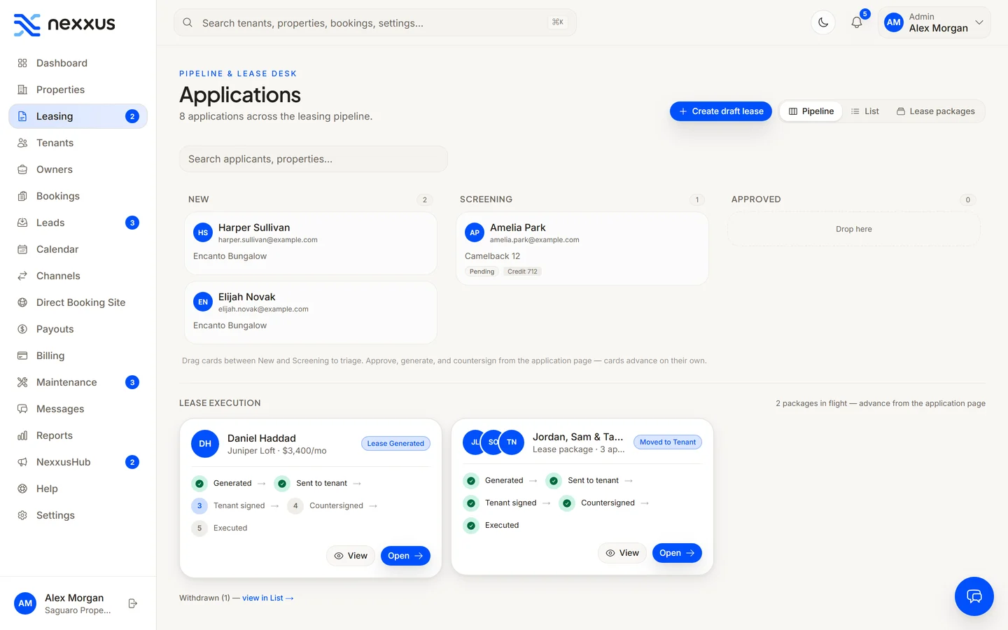 Leasing in Nexxus — Application to executed lease, on one board.