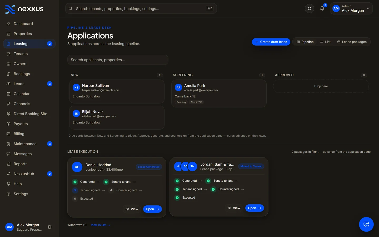 Leasing in Nexxus — Application to executed lease, on one board.