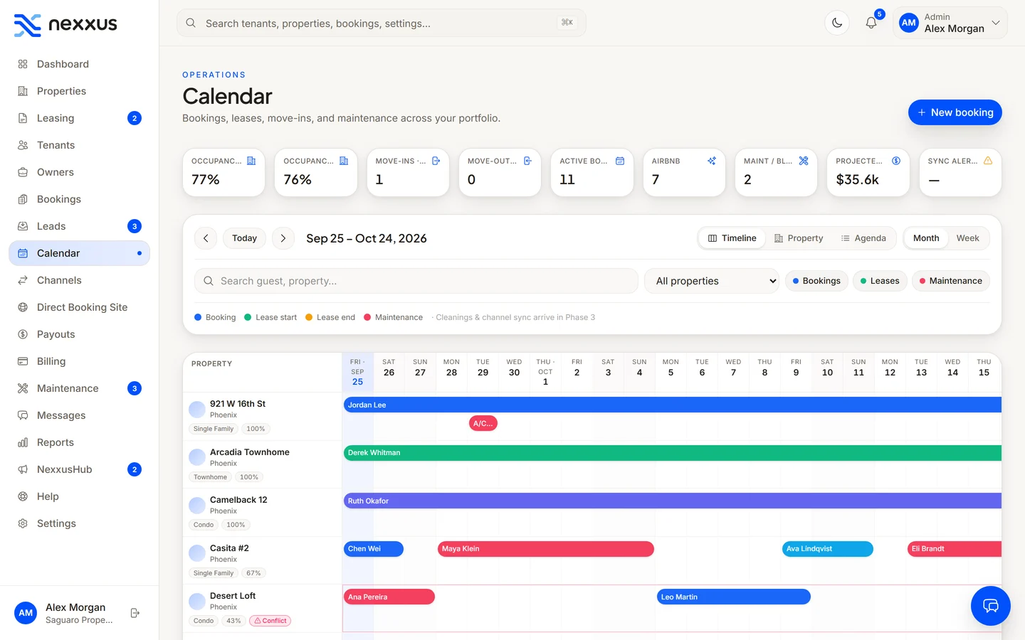 Calendar in Nexxus — Nightly, monthly and yearly stays on one timeline.
