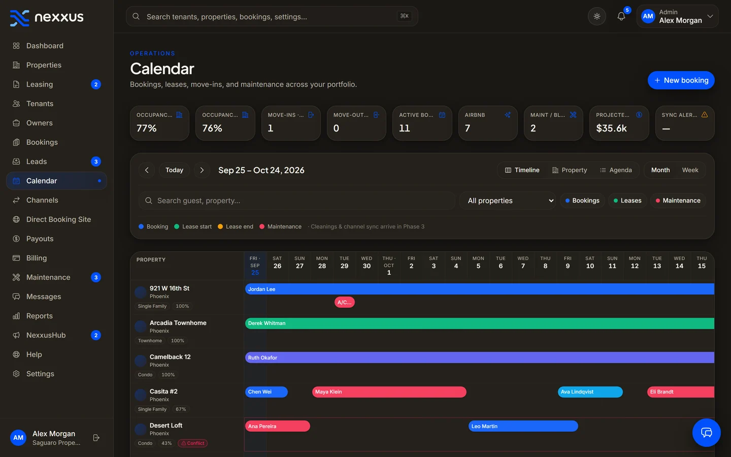 Calendar in Nexxus — Nightly, monthly and yearly stays on one timeline.