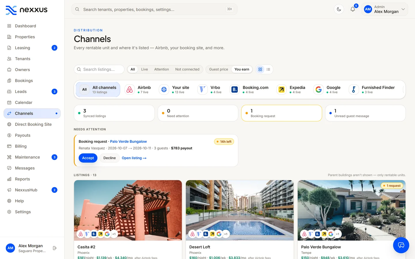 Channels in Nexxus — Every listing, every channel — one screen.