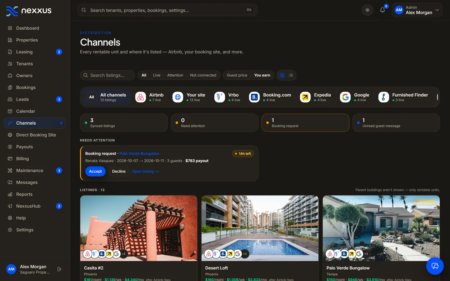 Channels in Nexxus — Every listing, every channel — one screen.