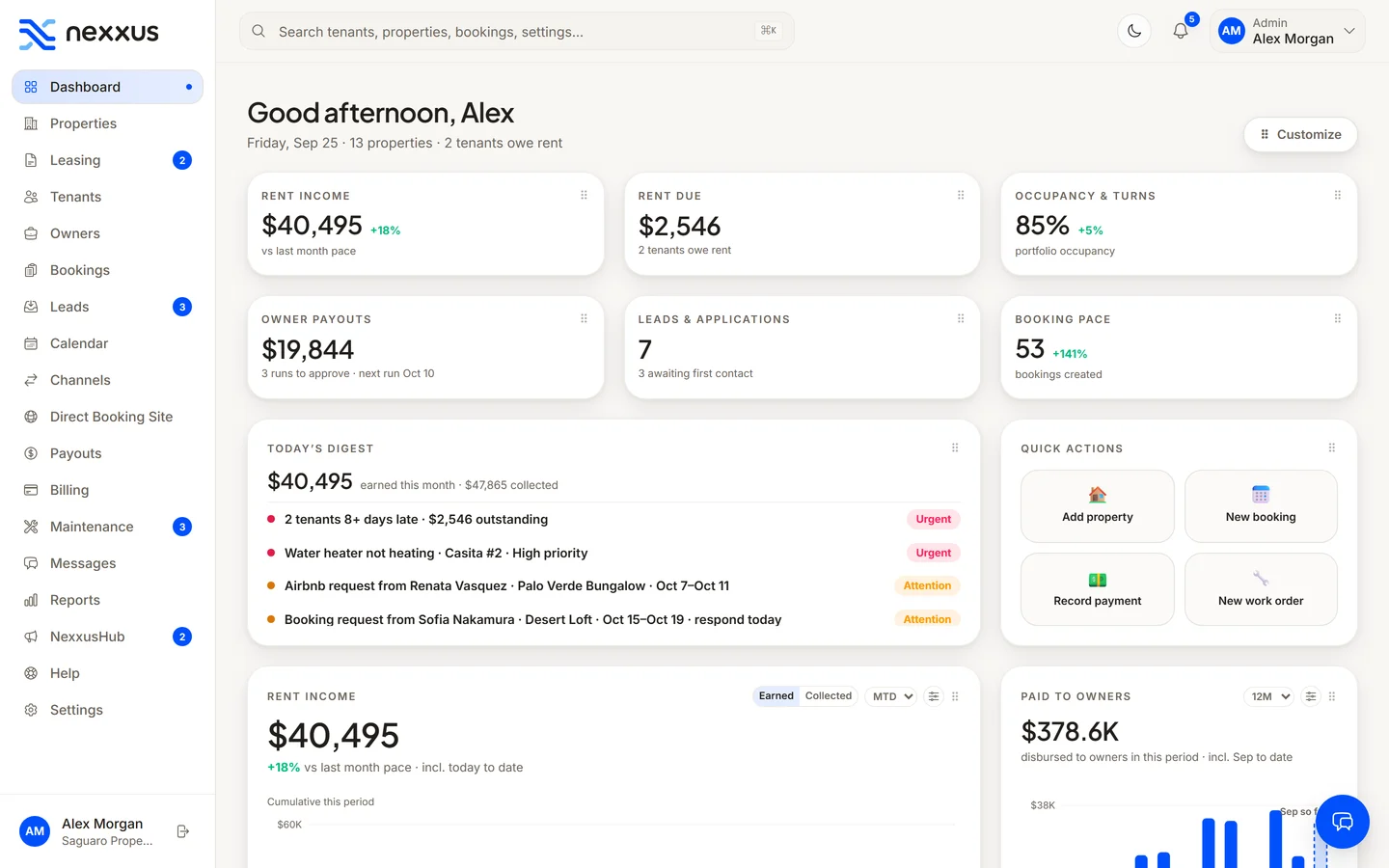 Dashboard in Nexxus — Every property, every stay type — and what needs you today.