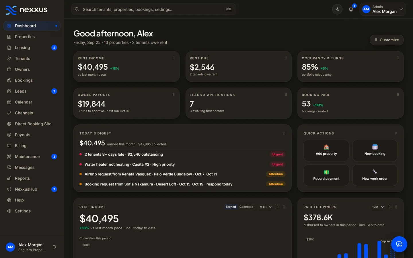Dashboard in Nexxus — Every property, every stay type — and what needs you today.