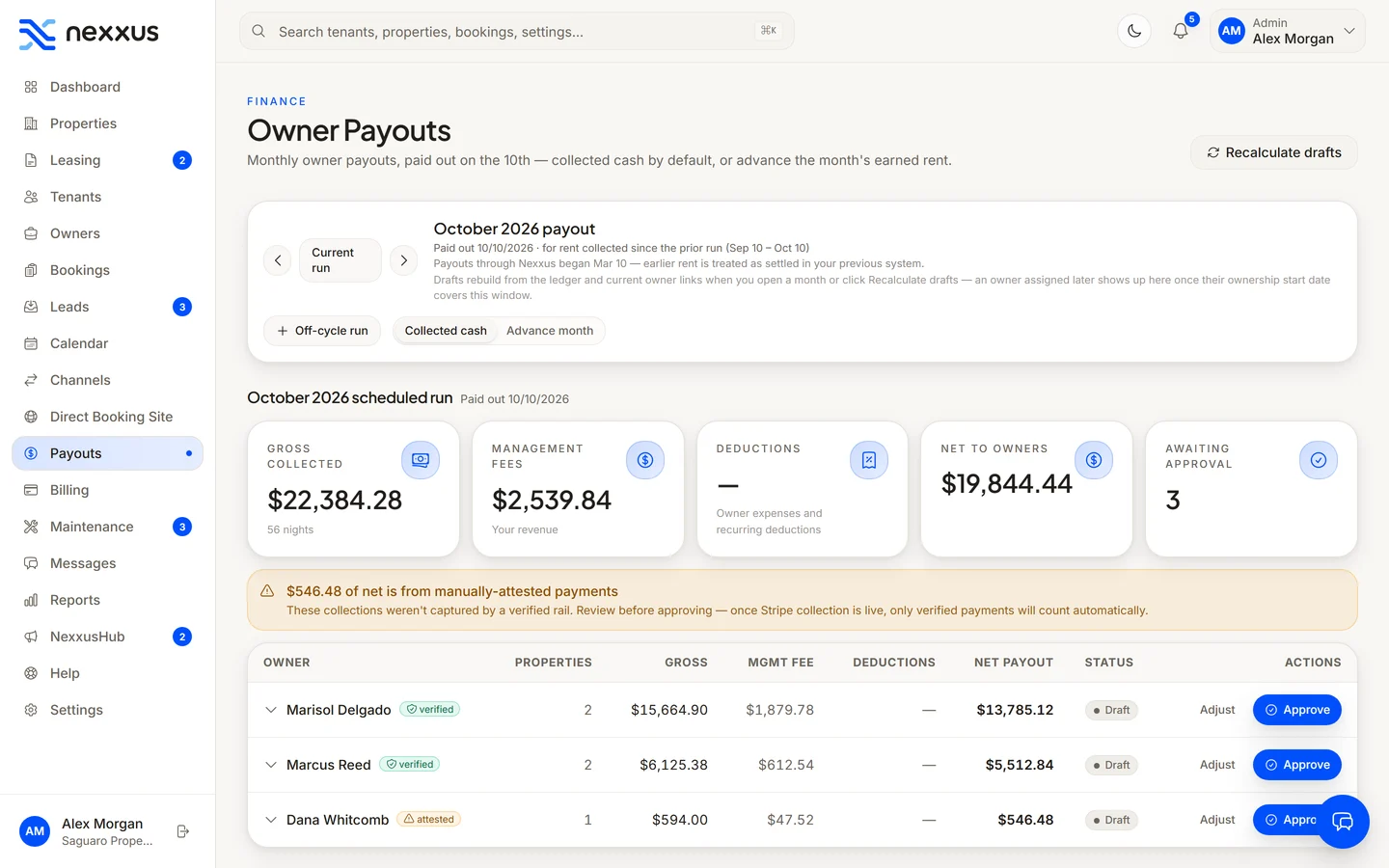 Owner payouts in Nexxus — Owner payouts built from the cash that actually came in.