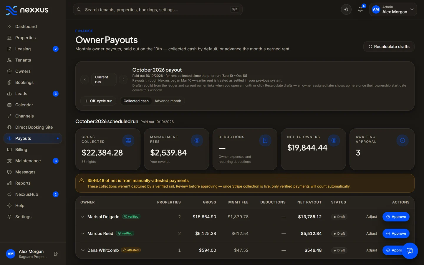Owner payouts in Nexxus — Owner payouts built from the cash that actually came in.