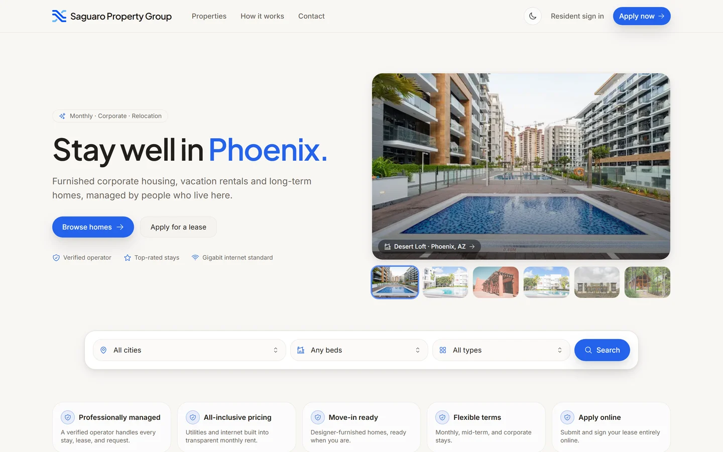 Booking site in Nexxus — Your own site — guests book nights, renters apply for leases.