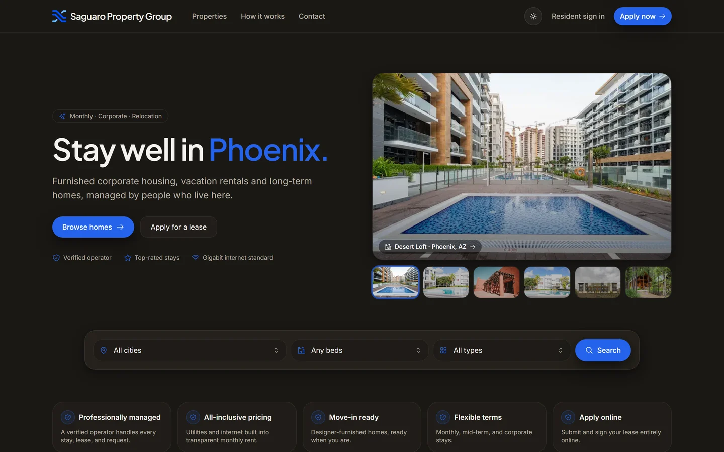 Booking site in Nexxus — Your own site — guests book nights, renters apply for leases.